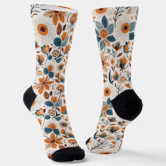 Boho Folk Art Wildflower Meadow Rust Teal Floral ソックス (傾斜あり)