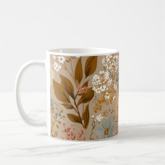 Boho Folk Autumn Cozy Flowers Neutral Floral コーヒーマグカップ (左)