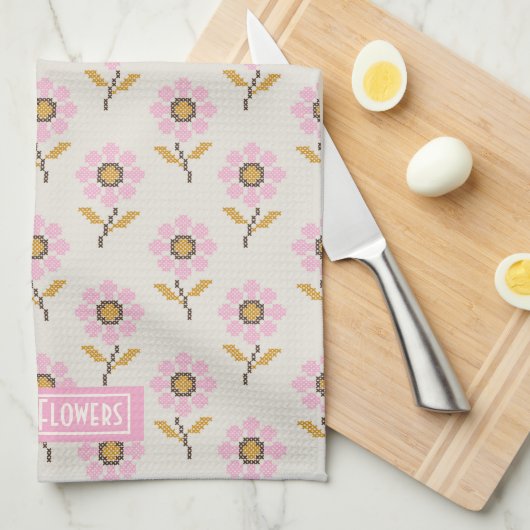Boho Folk Cross Stitch Floral Kitchen Towel キッチンタオル (四つ折り)