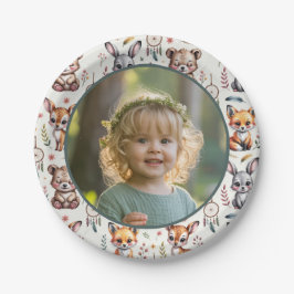 Boho Forest Animals Watercolor Kids Birthday Photo ペーパープレート