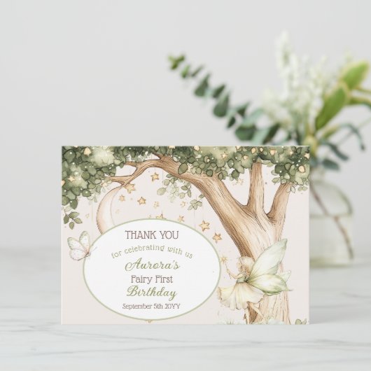 Boho forest Fairy First birthday photo サンキューカード (スタンド正面)