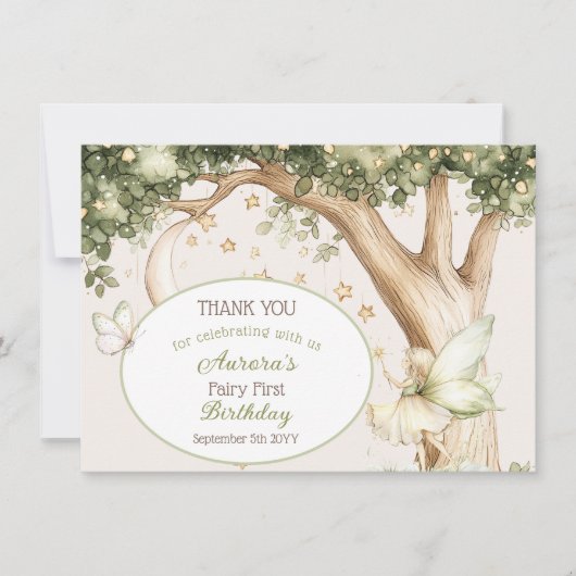 Boho forest Fairy First birthday photo サンキューカード (正面)