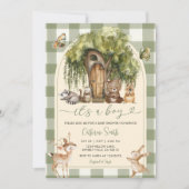 Boho forest wild animals baby shower Green Gingham 招待状 (正面)