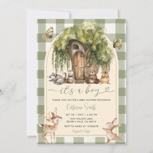 Boho forest wild animals baby shower Green Gingham 招待状 (正面)