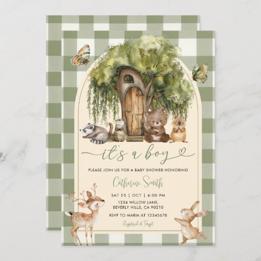 Boho forest wild animals baby shower Green Gingham 招待状 (正面/裏面)