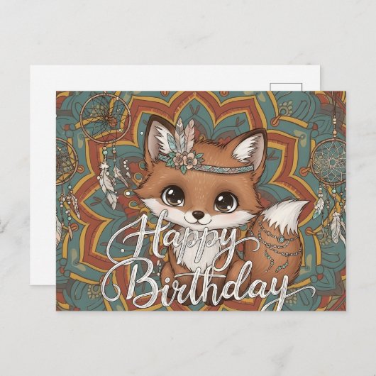 Boho Fox Happy Birthday Card  ポストカード (正面/裏面)