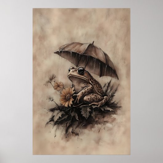 Boho Frog Under Umbrella With Fall Flowers Print ポスター (正面)