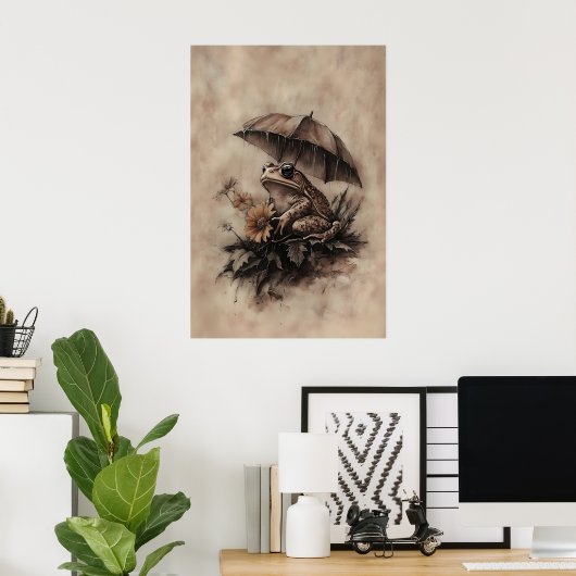 Boho Frog Under Umbrella With Fall Flowers Print ポスター (ホームオフィス)
