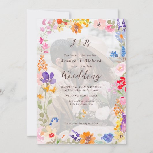 Boho garden夏のフローラ2写真イニシャル結婚ズ 招待状 (正面)