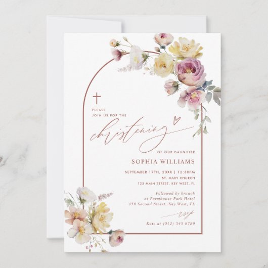 Boho Garden Rose Flowers Christening Invitation 招待状 (正面)