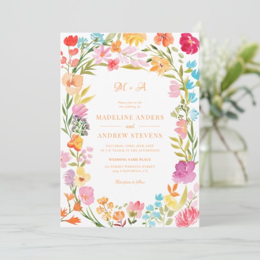 Boho Garden Summer Floral Photo QR Wedding 招待状 (スタンド正面)