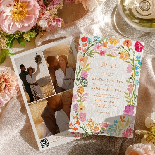 Boho Garden Summer Floral Photo QR Wedding 招待状