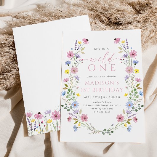 Boho Garden Wild One Wildflower First Birthday 招待状