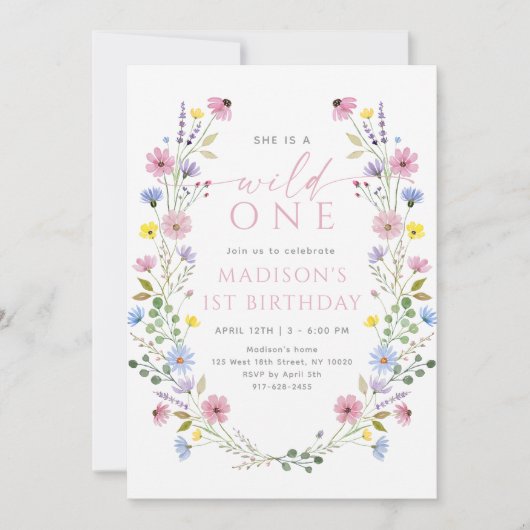 Boho Garden Wild One Wildflower First Birthday 招待状 (正面)