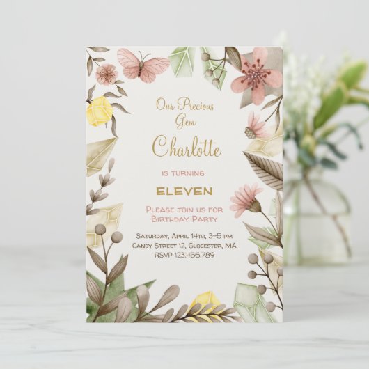 Boho Gemsヴィンテージ結晶の水彩誕生日 招待状 (スタンド正面)