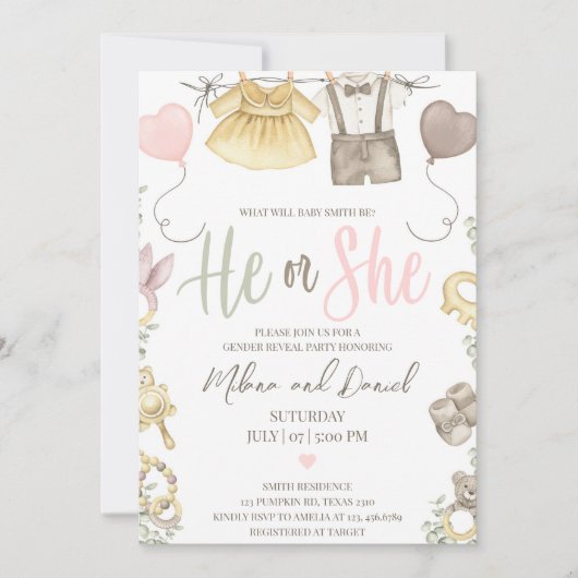 Boho Genderが女の子または男の子を明らかにする 招待状 (正面)