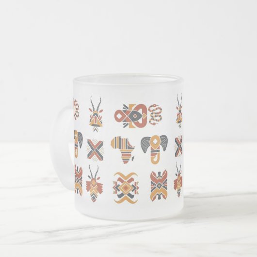 Boho Geometric Pattern Mug, Earthy Tones Cup フロストグラスマグカップ (正面左)