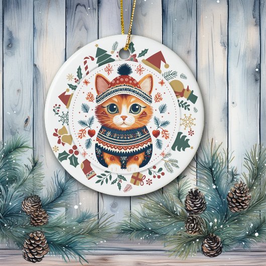 Boho Ginger Cat inティール(緑がかった色)冬季セータークリスマス セラミックオーナメント