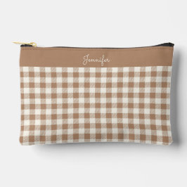 Boho Gingham Pattern Plaid Checkered Brown Name アクセサリーポーチ