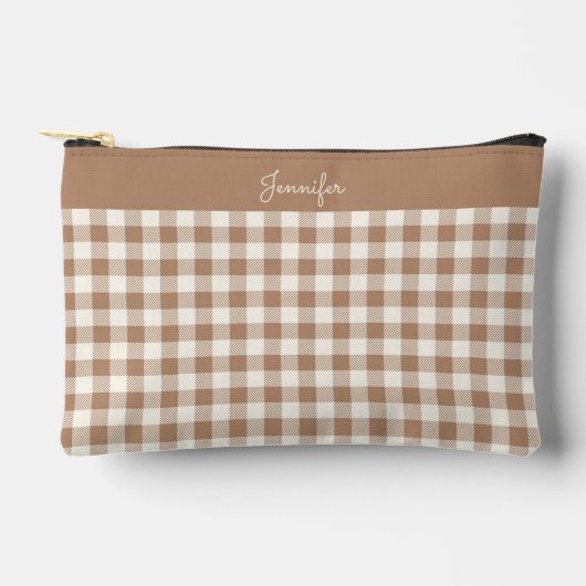 Boho Gingham Pattern Plaid Checkered Brown Name アクセサリーポーチ (正面)