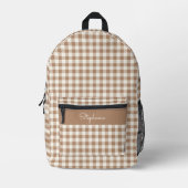 Boho Gingham Pattern Plaid Checkered Brown Name プリントバックパック (正面)