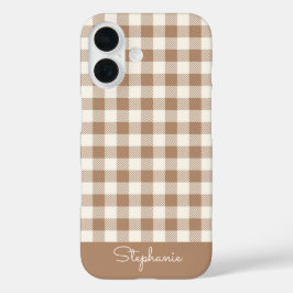 Boho Gingham Pattern Plaid Checkered Brown Name iPhone 16ケース