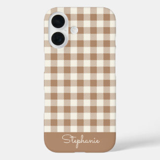 Boho Gingham Pattern Plaid Checkered Brown Name iPhone 16ケース
