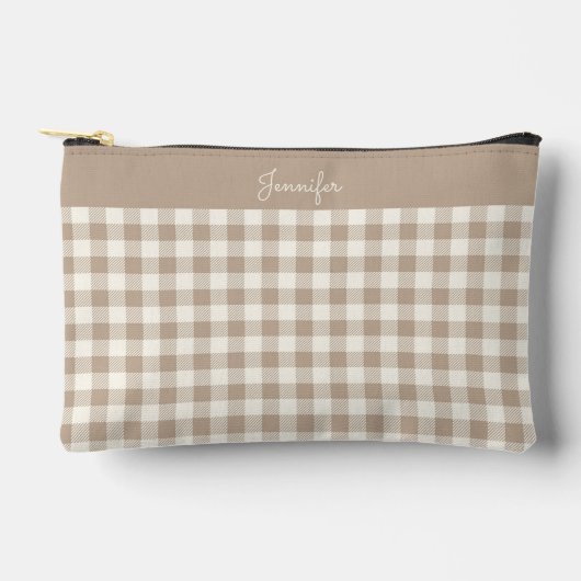 Boho Gingham Pattern Plaid Checkered Neutral Name アクセサリーポーチ (正面)