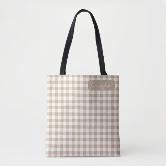 Boho Gingham Pattern Plaid Checkered Neutral Name トートバッグ (正面)