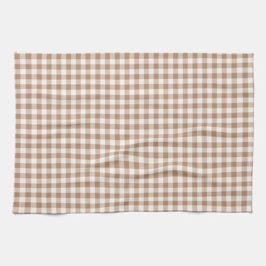 Boho Gingham Pattern Plaid Checkered Tan Brown キッチンタオル (横)