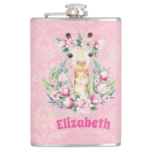 Boho Giraffe花ガールズ、10代の贈り物という名前 フラスク (正面)