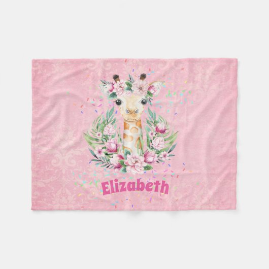 Boho Giraffe花ガールズ、10代の贈り物という名前 フリースブランケット (正面(横))