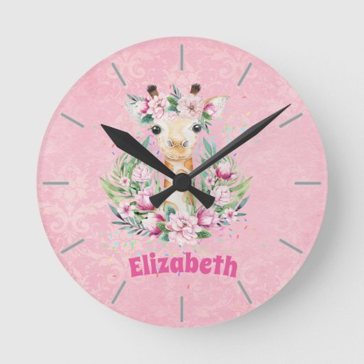 Boho Giraffe花ガールズ、10代の贈り物という名前 ラウンド壁時計 (正面)