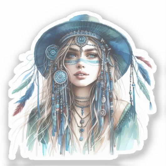 Boho Girl AI Art Bohemian Fashion シール (正面)