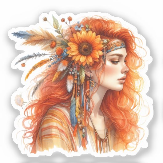 Boho Girl AI Art Bohemian Fashion シール (正面)