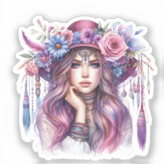 Boho Girl AI Art Bohemian Fashion シール