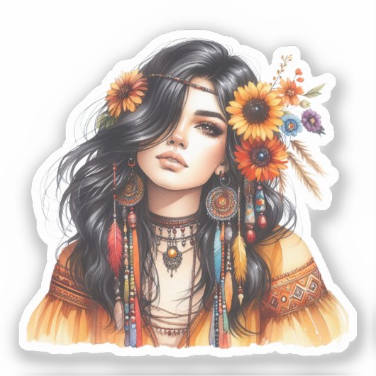 Boho Girl AI Art Bohemian Fashion シール (正面)