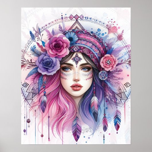 Boho Girl AI Art Bohemian Fashion ポスター (正面)