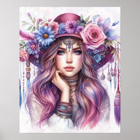 Boho Girl AI Art Bohemian Fashion ポスター (正面)