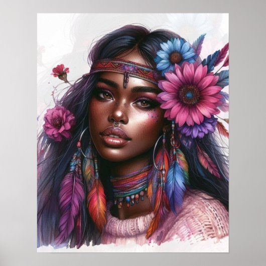 Boho Girl AI Art Bohemian Fashion ポスター (正面)