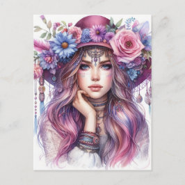 Boho Girl AI Art Bohemian Fashion ポストカード