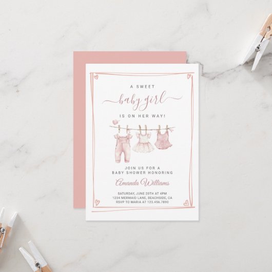 Boho Girl Clothesline Baby Shower Invitation 招待状 (正面/裏面インサイチュ)