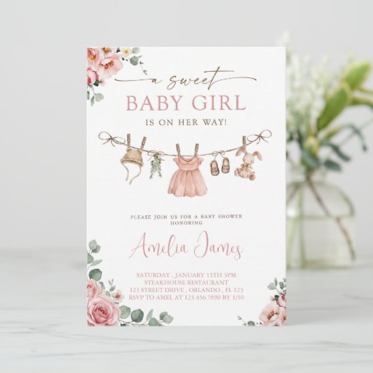 Boho Girl Clothesline Baby Shower Invitation 招待状 (スタンド正面)