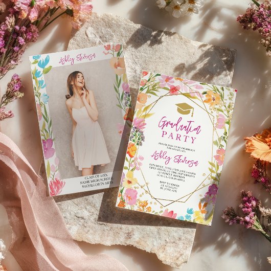 Boho glitter floral watercolor photo graduation 招待状