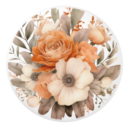 Boho Gold Brown Flowers Floral Ceramic Knob セラミックノブ (正面)