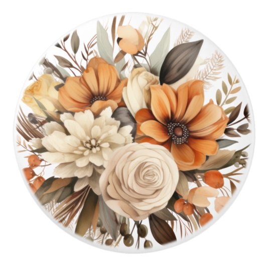 Boho Gold Brown Flowers Floral Ceramic Knob セラミックノブ (正面)