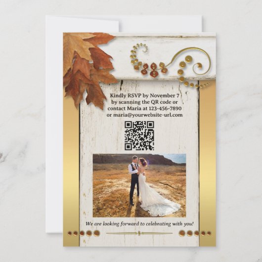 Boho Gold Fall Leaves Happily Ever After 招待状 (裏面)