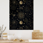 Boho Gold Space doodles Black Design ポスター (キッチン)