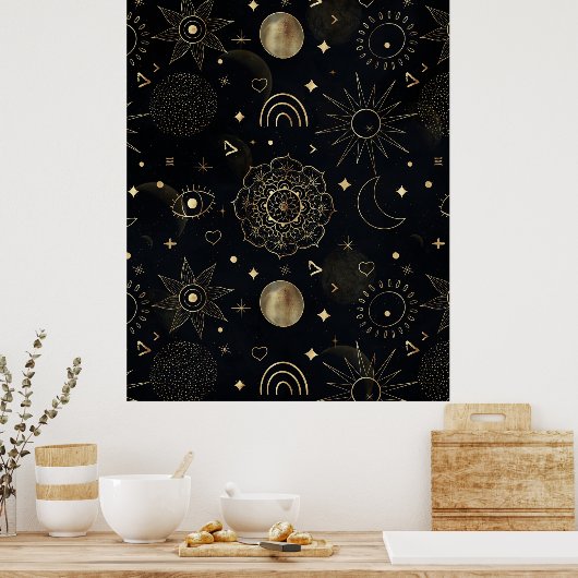 Boho Gold Space doodles Black Design ポスター (キッチン)