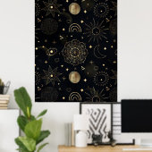 Boho Gold Space doodles Black Design ポスター (ホームオフィス)